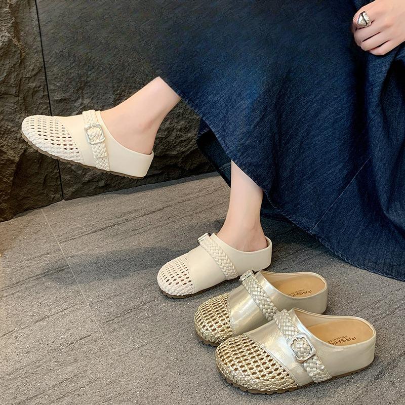 New Style of Semi-slipper Shoes with Woven Hollowed-out Toe Caps and Thick Soles for Lazy People To Wear on One Foot