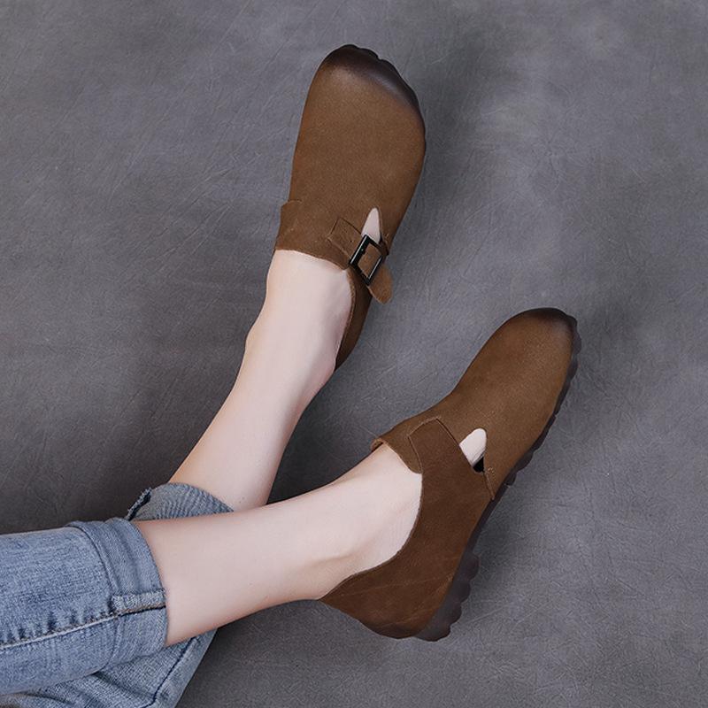 Fashion Leather Retro Nostalgic Mary Jane Shoes Flat Brown Wild Woods Old Movie Clothing with Women's Shoes Old Man Grandma Cowhide