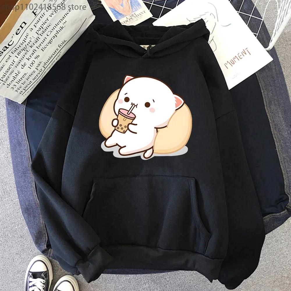 Mikiny Bubble Tea Broskvová Kočka Kawaii Potisk Mikina Ženy Harajuku Streetwear Kreslený Vzor O-Výstřih Top Oblečení