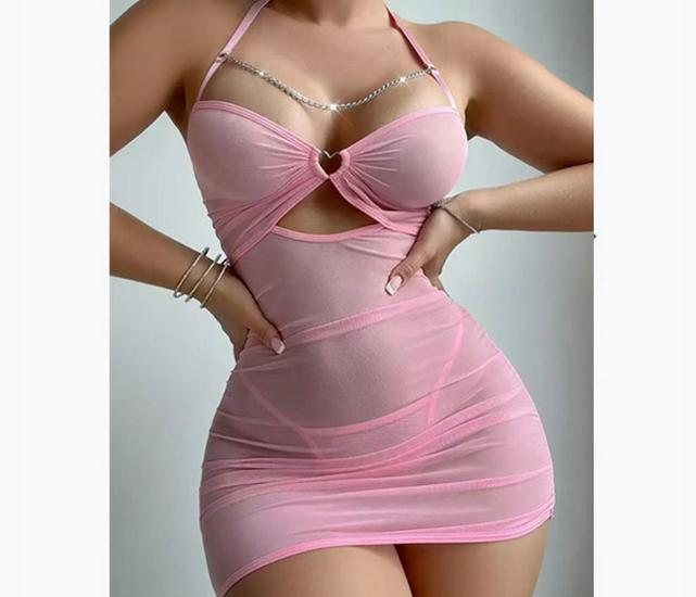 European & American Sexy Mesh See-through Lingerie Nightdress & Thong Set with Chain Accents