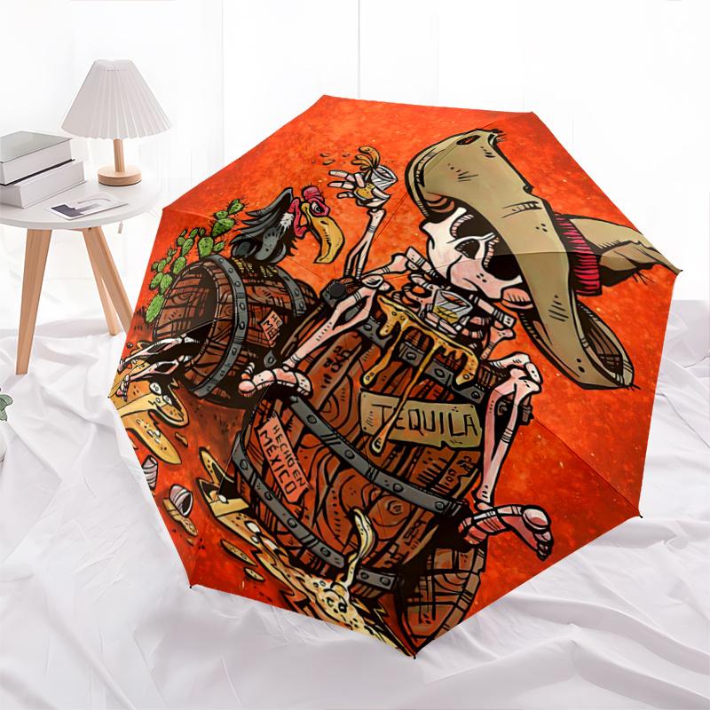 

1pc Skull in Sombrero and Tequila Barrel Automatic Opening and Closing Cartoon Practical Umbrella - Suitable for Various Occasions, Outdoor Activities