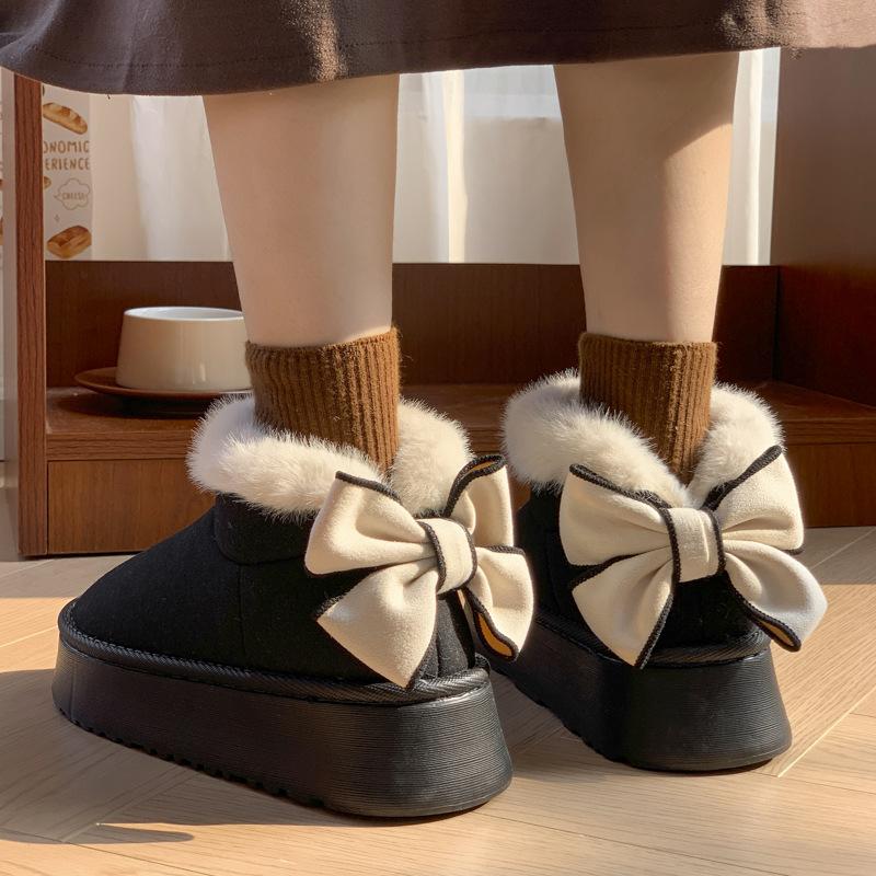 thick-soled cotton slippers, indoor warm and velvet snow boots in autumn and winter, and home bows and all-inclusive cotton shoes.