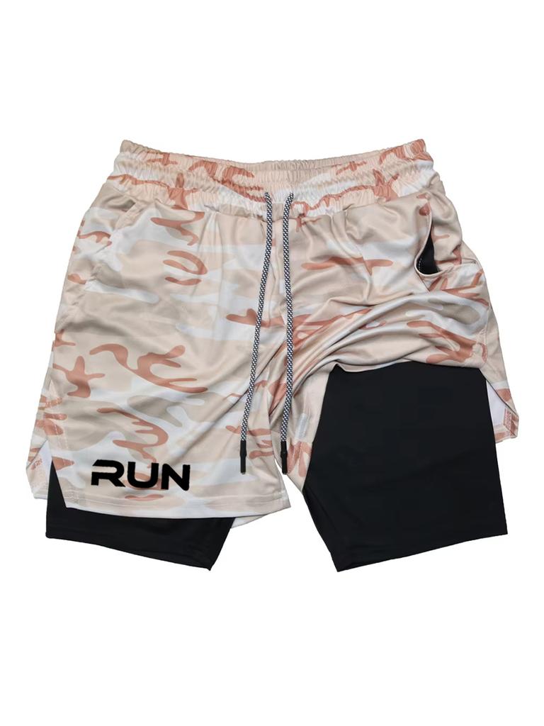 Men's 2-in-1 Running Shorts with RUN Print - Gym Workout Quick Dry Compression Sport Shorts for Fitness Jogging 00432