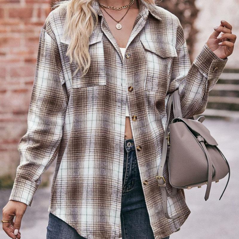Autumn and Winter New Casual Fashion Loose Plaid Button Shirt Autumn New Products Women's Long-sleeved Top 6803