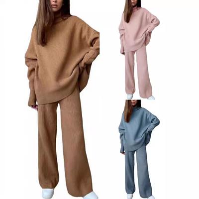 Women Knitted Suit Soft Turtleneck Long Sleeve Sweater Wide Leg Pants Commuter 2 Pieces Sets Autumn Winter Homewear