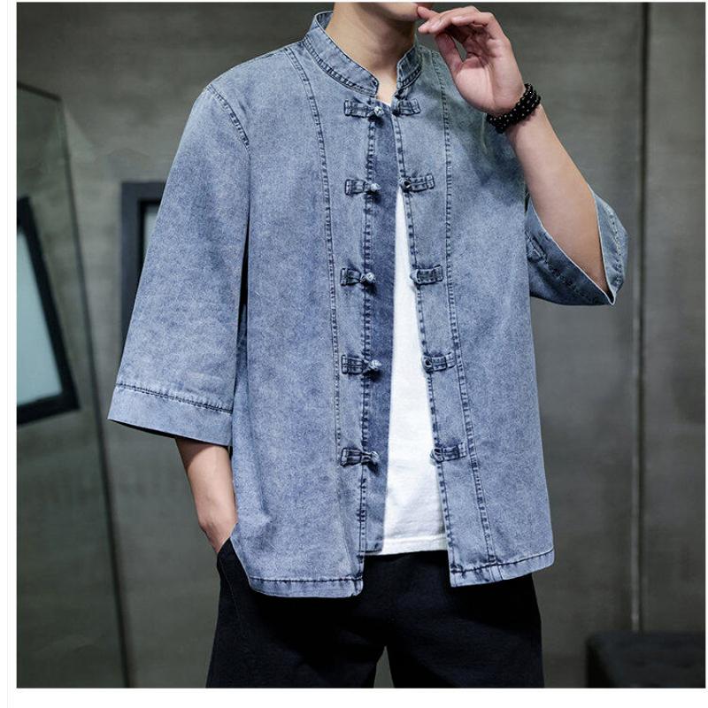Mens Chinese Style Loose Denim Shirt Retro Pan Buckle Design Big Size Three Quarter Sleeve Top