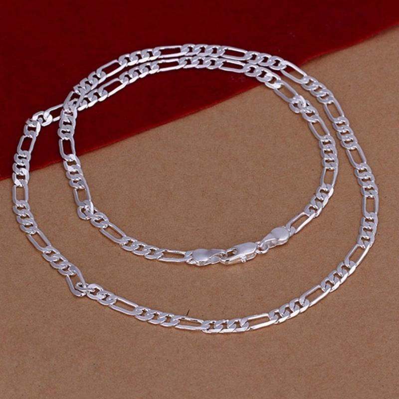 Men's Silver Figaro Chain Necklace Polished Smooth Brims For Comfort Adjustable Lengths 16 18 20 22 24 Inch