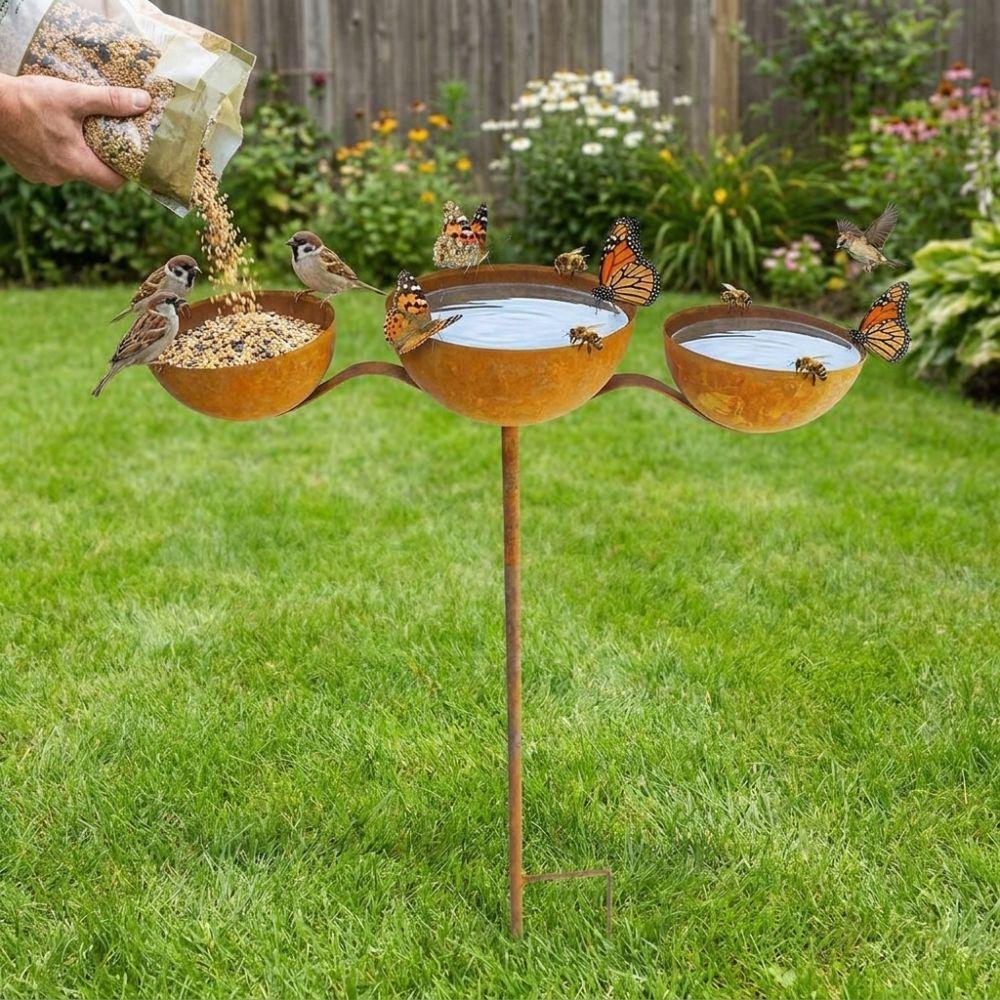 Freestanding Rotatable 3-Tiered Bird Bath Rusted Metal Garden Rain Catcher Decorative Handmade Bird Water Bowls Courtyard