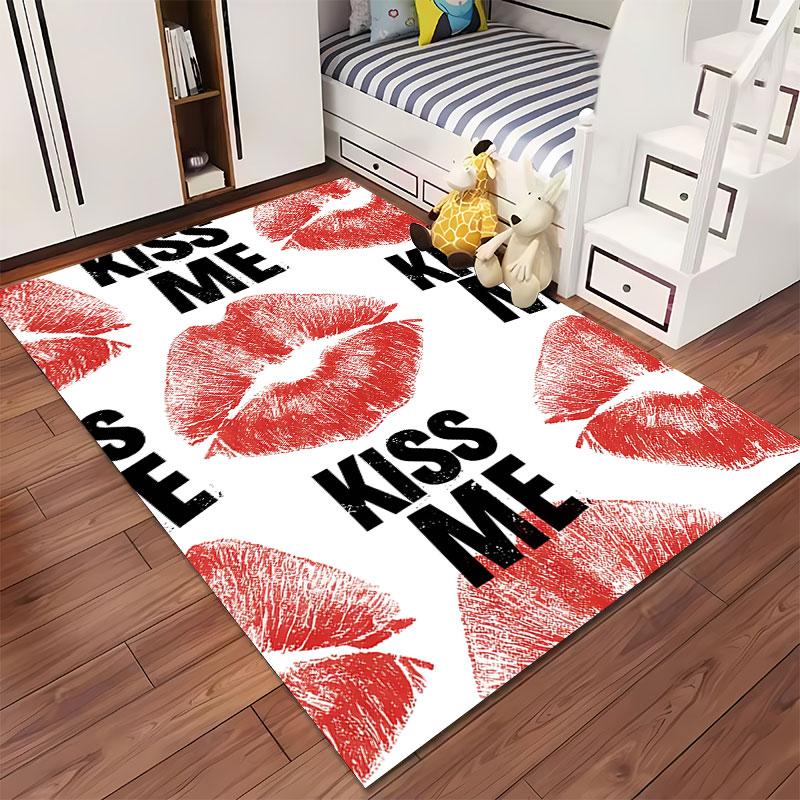 Red Lips Kiss Me Text Design suitable as a non-slip mat for the living room or bedroom sofa