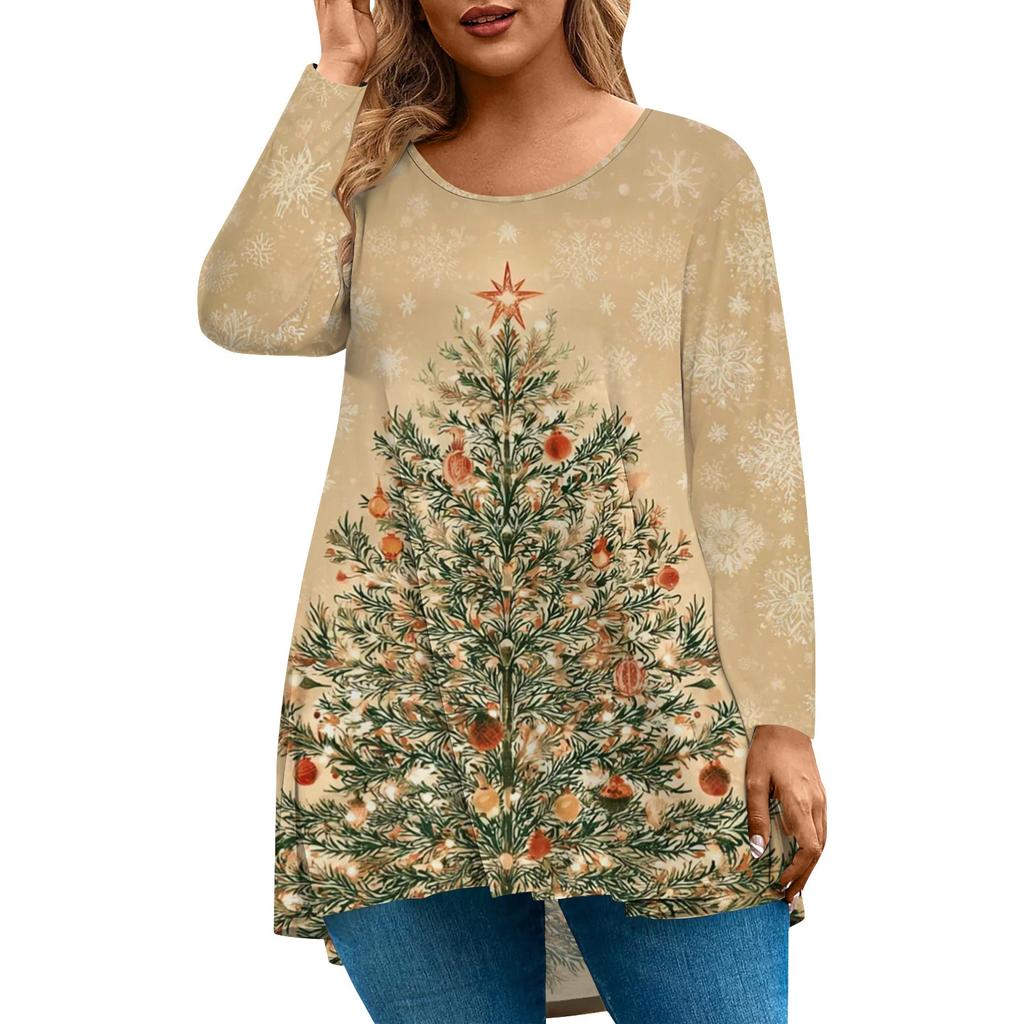 Women's Fashion Large Size Round Neck Long Sleeve Casual Christmas Print Loose Pullover Top