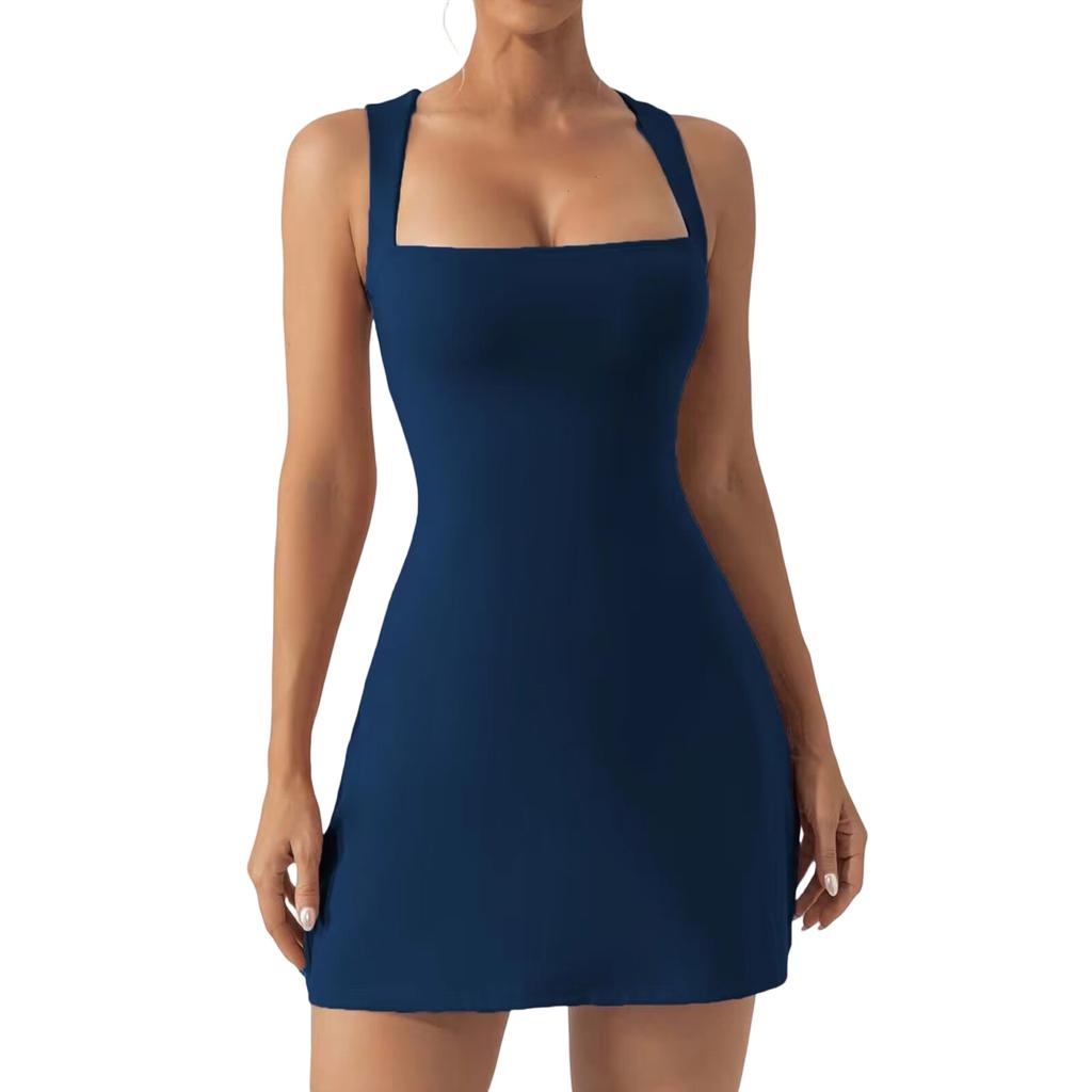 Women's Square Neck Sleeveless Fitted Dress with Straps for Summer