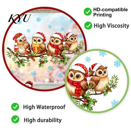 PVC Window Decorations 1/2 Sheets Christmas Cartoon Owl Cling, Standing on Branch Bird Holiday Glass Decals Static Sticker, Removable Waterproof