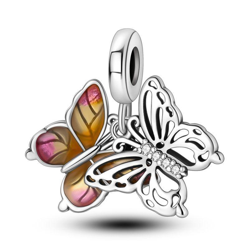 Fashion 925 Silver Colorful Butterfly Sparkling Beads Charms for DIY Bracelet Necklace Jewelry Making Gift