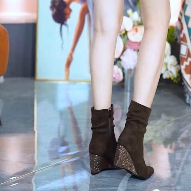 Fashion 2025 New Suede Retro Mid-leg Boots Look Thin and Versatile Pointed Toe Block Heel Booties Women