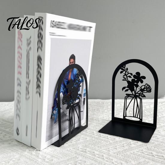 Office Desk Organizer 1 Pair Flower Metal Bookends, Decorative Vase Book Ends for Artistic Bookend Shelves, Black Holder Stopper Home Reading