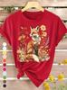 Summer New T-Shirt Women's Floral Fox Print Elegant Retro Style Versatile Casual Round Neck Top for Spring, Summer and Autumn