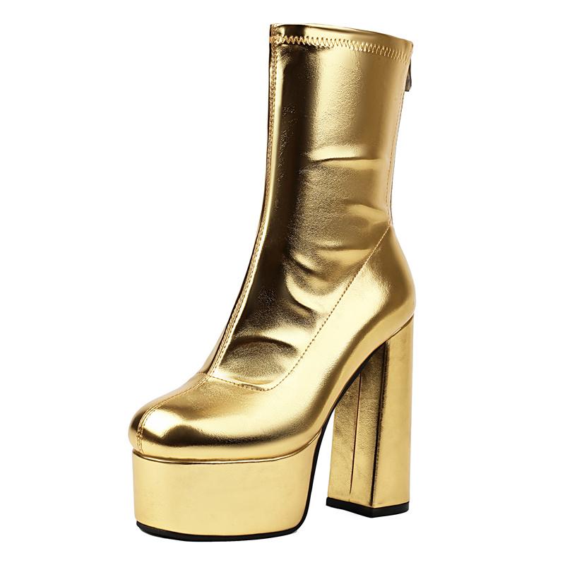Gold Women Back Zipper Platform Ankle Boots Metallic Silver High Chunky Heels Winter Autumn White Dress Club Stretch Short Boots