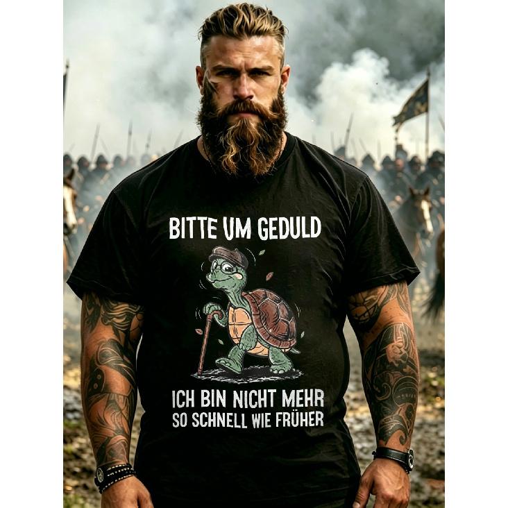 Men'S T-Shirt Black Turtle With Stick And German Text For Casual Wear, PLUS SIZE