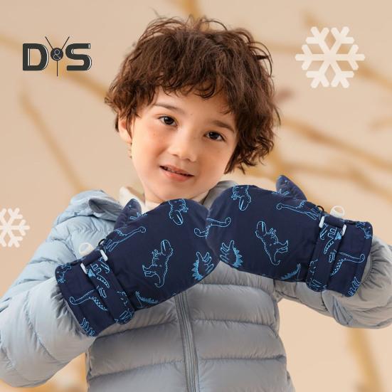 1 Pair Children Winter Mittens Thick Plush-lined Windproof Cartoon Dinosaur Cold Weather Outdoor Gloves Adjustable Fasten Strap Anti-Slip Ski Gloves