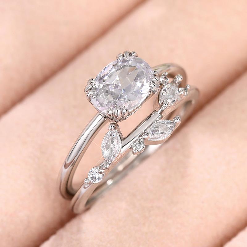 Huitan Sparkling Crystal Cubic Zirconia 2Pcs Set Rings for Women Exquisite Leaf Design Accessories Luxury Wedding Party
