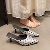 New Vintage Polka Dot Pointed Toe Mules Ladies Kitten Heel Satin Comfy Casual Daily Shoes For Women Summer Fashion Heeled Sandal