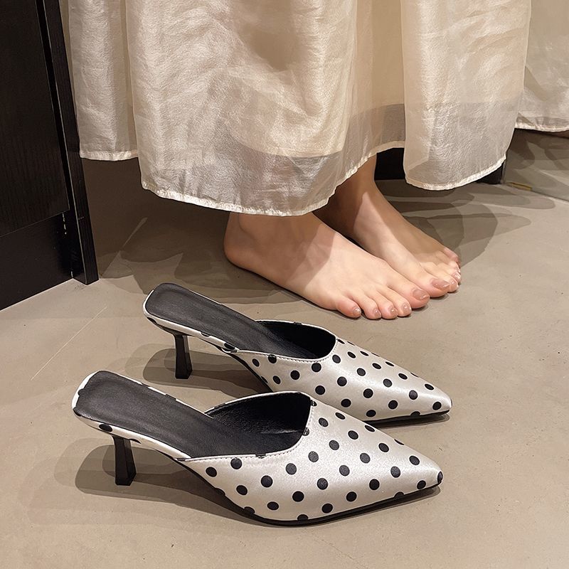 New Vintage Polka Dot Pointed Toe Mules Ladies Kitten Heel Satin Comfy Casual Daily Shoes For Women Summer Fashion Heeled Sandal