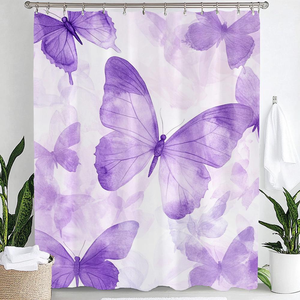 Purple Blue Floral Bouquet Butterfly Shower Curtain,Dreamy Painting Flowers &Butterfly,Bathroom Decorative Shower Curtains