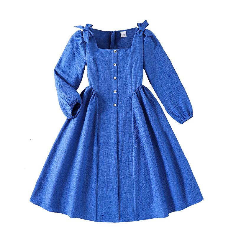Girls' Fall Dress: Children's Square-Neck Bow-Detail Patchwork Princess Dress