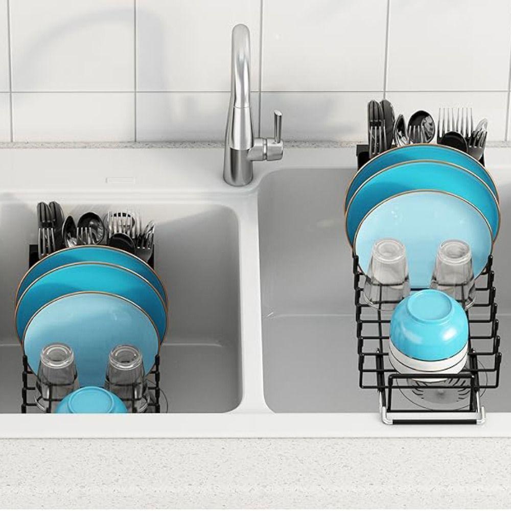 Extendable Bottom Tray Counter Dish Drying Rack Space-Saving Kitchen Tableware Organizer Spoon