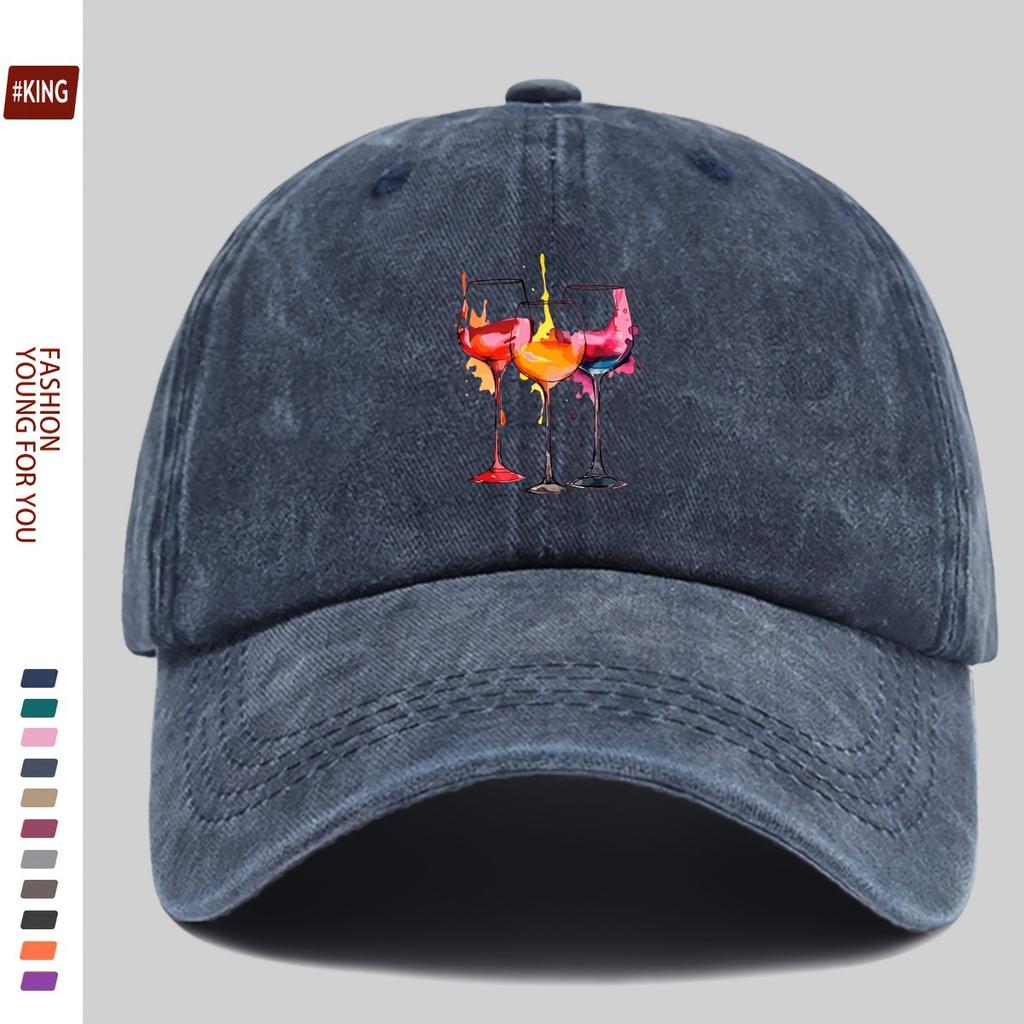 Cappellino da Baseball in Cotone Lavato con Disegno di Calice da Vino, Cappello in Denim Regolabile, Unisex, Casual, per Esterno, Cappellino da Golf