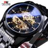 Fashion Tevise Retro Diamond Design Black Gold Mechanical Top Brand Automatic Full Steel Luxury Skeleton Waterproof Wrist Watch