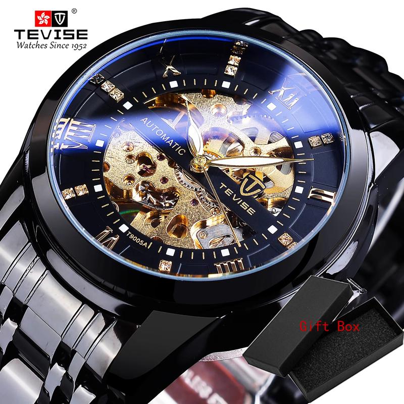 Fashion Tevise Retro Diamond Design Black Gold Mechanical Top Brand Automatic Full Steel Luxury Skeleton Waterproof Wrist Watch
