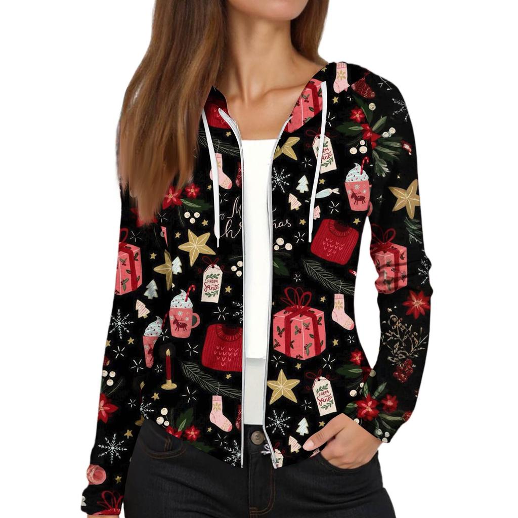 Dame Mote Juleprint Casual Glidelås Langermet Hettejakke