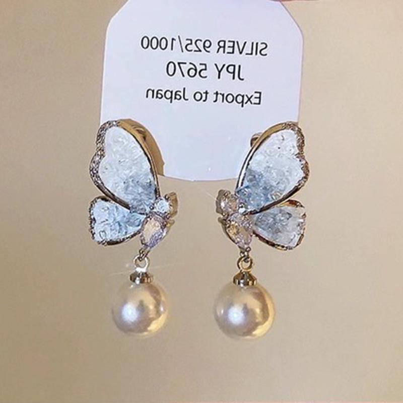 Silver Needle Butterfly Heart Earrings with Blue Gradient Drip - Elegant Autumn/Winter Studs