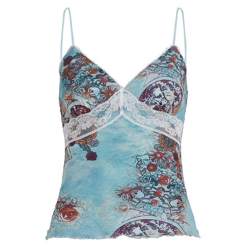 

American Retro Style Printed Lace Patchwork V-Neck Camisole with Contrasting Colors, Slim Fit, Flattering Mesh Top for a Spicy Look Flower color S