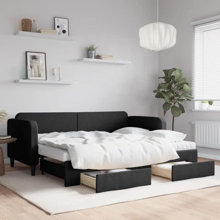 VidaXL Lit de jour avec gigogne et tiroirs noir 80x200 cm tissu 3196867