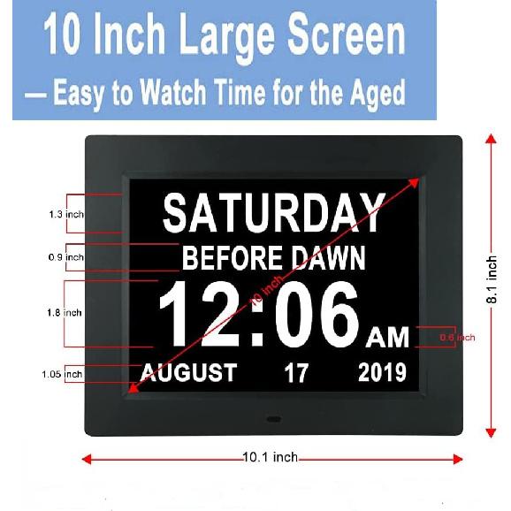 [Upgraded 10 Inch] Digital Day Calendar Clock Auto-Diming & 8 Alarms Options Extra Large Date Time Non-Abbreviations Dementia Impaired Vision Senior