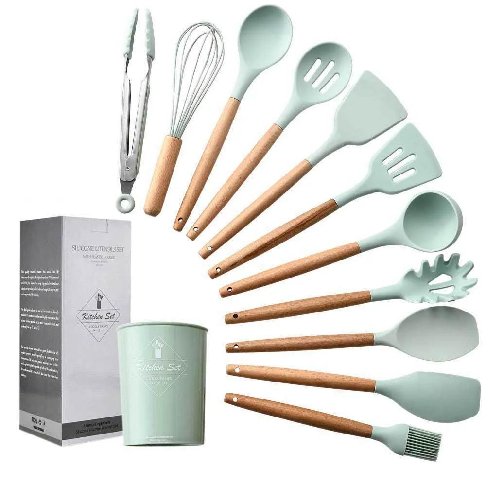 11 Piece Set Silicone Kitchen Utensils With Wooden Handles Heat Resistant And Non Stick Multifunctional Kitchen Utensils Such As Spatulas And Spoons