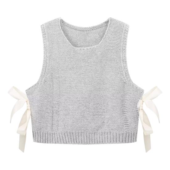 Women Knitted Vest Round Neck Sleeveless Crop Tank Bow Tie Decor Hollow