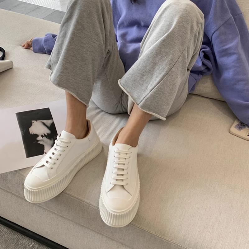 Leather biscuit shoes women's new spring and autumn casual board shoes white inner height increase versatile platform white shoes women's shoes