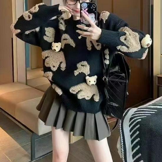 Korean 3D Little Bear Knit Sweater for Women - Loose, Fashionable, Plus Size for Autumn/Winter