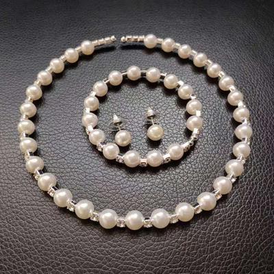 Pearl Steel Wire Rhinestone Necklace Earrings, Bracelet Jewelry Set, Wedding Jewelry Three-piece Set