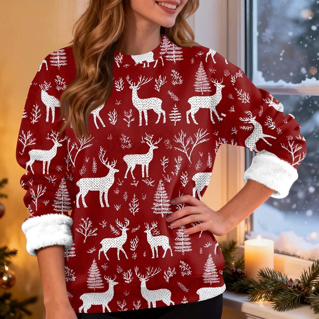 Women's Fashion Casual Long Sleeve Christmas Printed Round Neck Top Sweatshirt