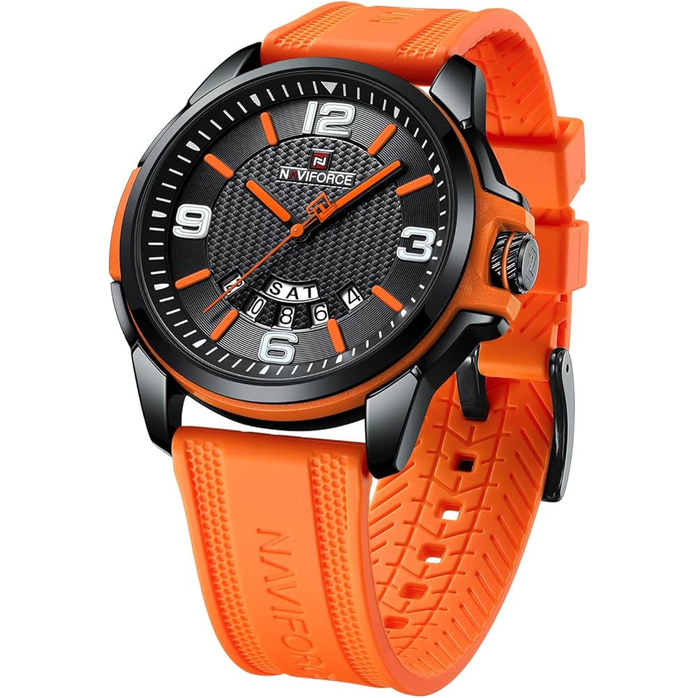 NAVIFORCE Waterproof Analog Military Sports Watch Unisex Silicone Strap Orange Black