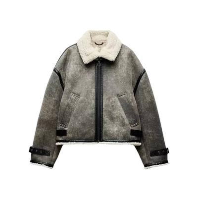 Fall/Winter Women's Trip Strap Decorated with Double Lapel Long Sleeve Windproof Warm Jacket Loose Jacket