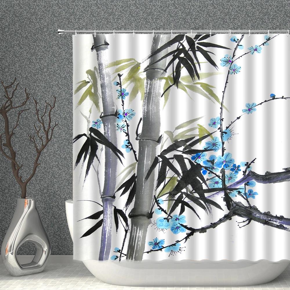 Bamboo Shower Curtain Plant Ink Painting Bathroom Curtain PolyesterFabric White Background Home Decoration With Hook Bath Decor