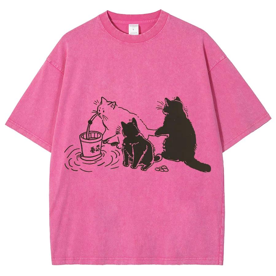 Cotton Washed Denim T-shirt Women Hawaii Summer Cats Print Tees Casual Soft Short Sleeve Clothes Vintage