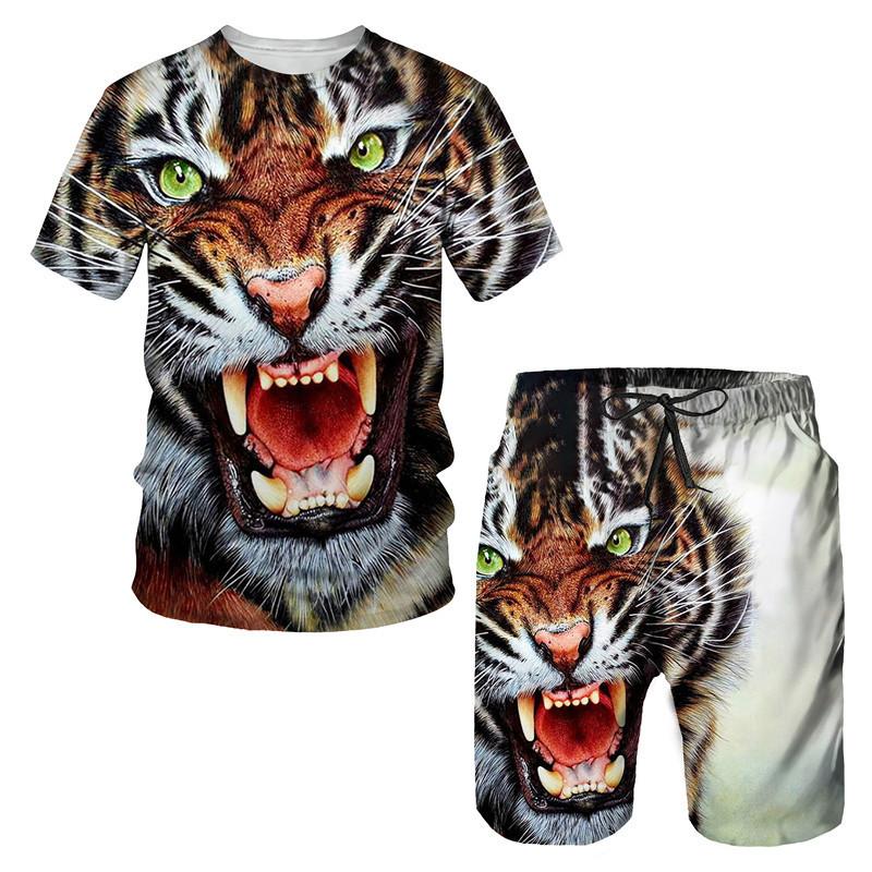 Tricou bărbați Seturi 2 piese Îmbrăcăminte sport de vară Ținute Vintage Litere Animale Pantaloni scurți 3D Trening Men Streetwear Tigru Pattern Tricou Set