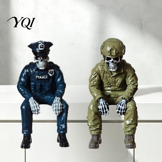 Horror Home Ornaments Halloween Skeleton Ornament, Policeman/Military Resin Gothic Skull Figurine, Dark Style Sitting Pose Sculpture for Bookshelf