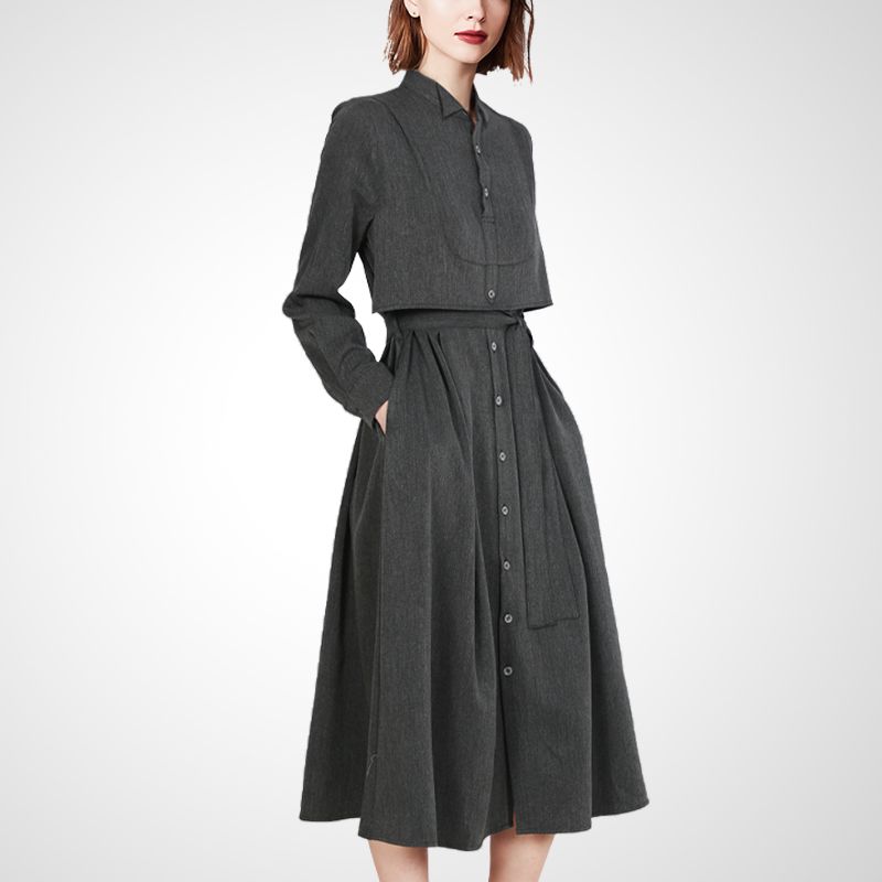 

French Style Fancy Gray Stand-up Collar A- line Dress Fake Two-Piece Gray M